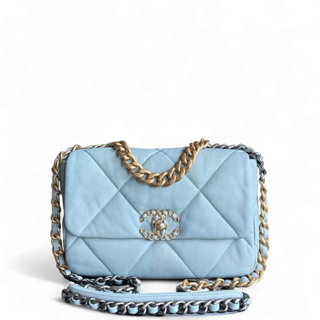 Chanel 19 Bag Small - Quilted Goatskin Light Blue Two-tone Gold Hardware Microchip