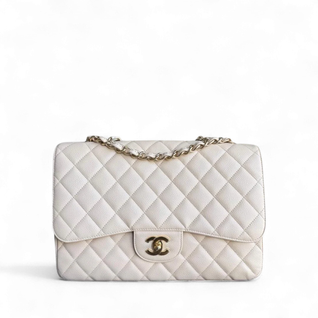 Chanel Classic Flap Jumbo - Caviar Quilted Grained Calfskin Light Beige Gold Hardware Series 13