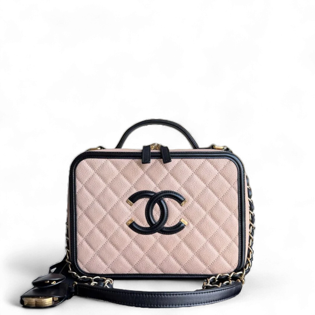 Chanel Camera Filigree Box Bag Large - Caviar Quilted Grained Calfskin Black Beige Gold Hardware Series 23