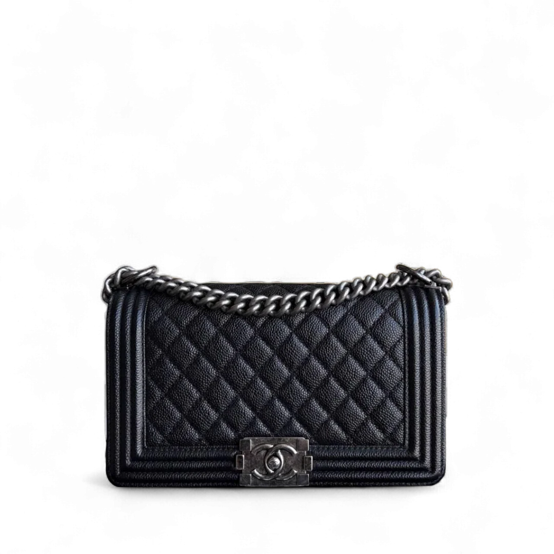 Chanel Boy Medium - Caviar Quilted Grained Calfskin Black Ruthenium Silver Hardware Series 20