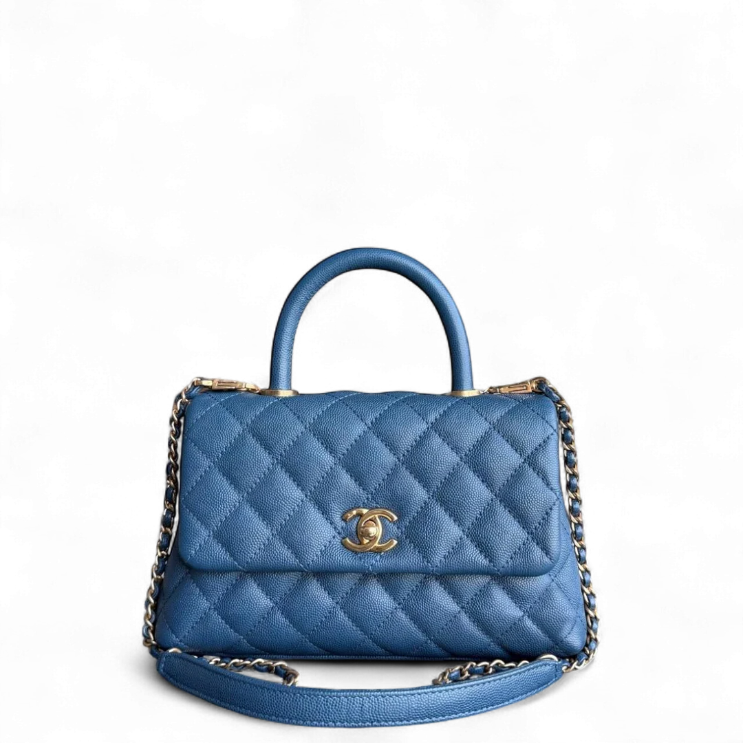 Chanel Coco Handle Small - Caviar Quilted Grained Calfskin Blue Gold Hardware Series 24