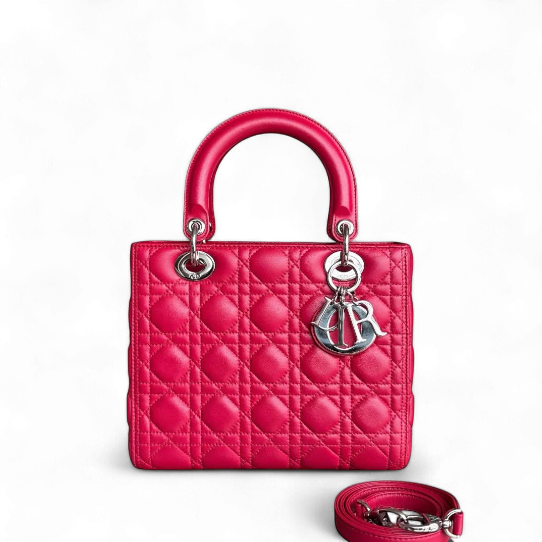 Dior Lady Medium - Cannage Lambskin Red Silver Hardware