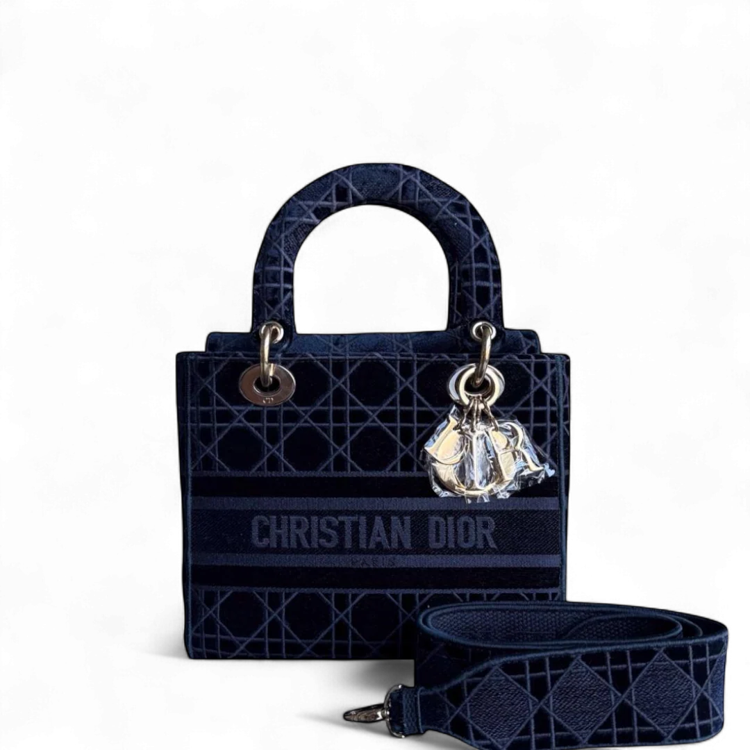 Dior Lady D-lite - Cannage Canvas Dark Blue Gold Hardware