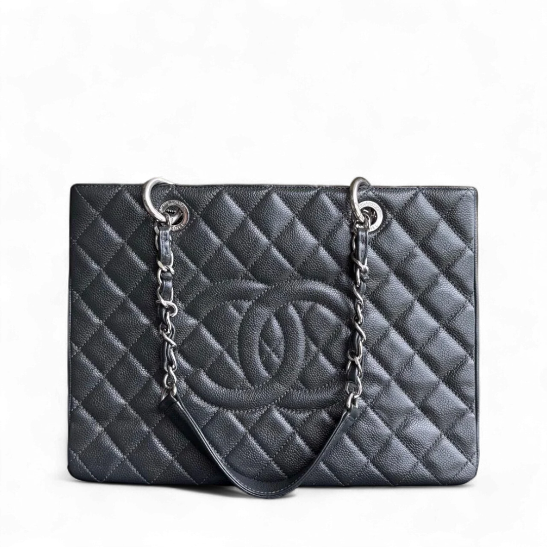 Chanel GST Grand Shopping Tote - Caviar Quilted Grained Calfskin Grey Gray Silver Hardware Series 18