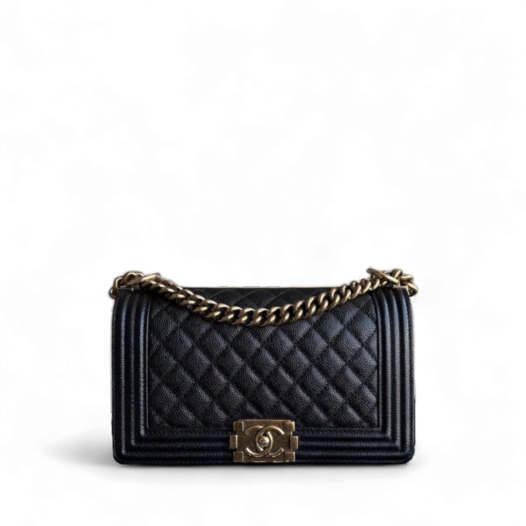 Chanel Boy Old Medium - Caivar Quilted Grained Calfskin Black Ruthenium Gold Hardware Series 19