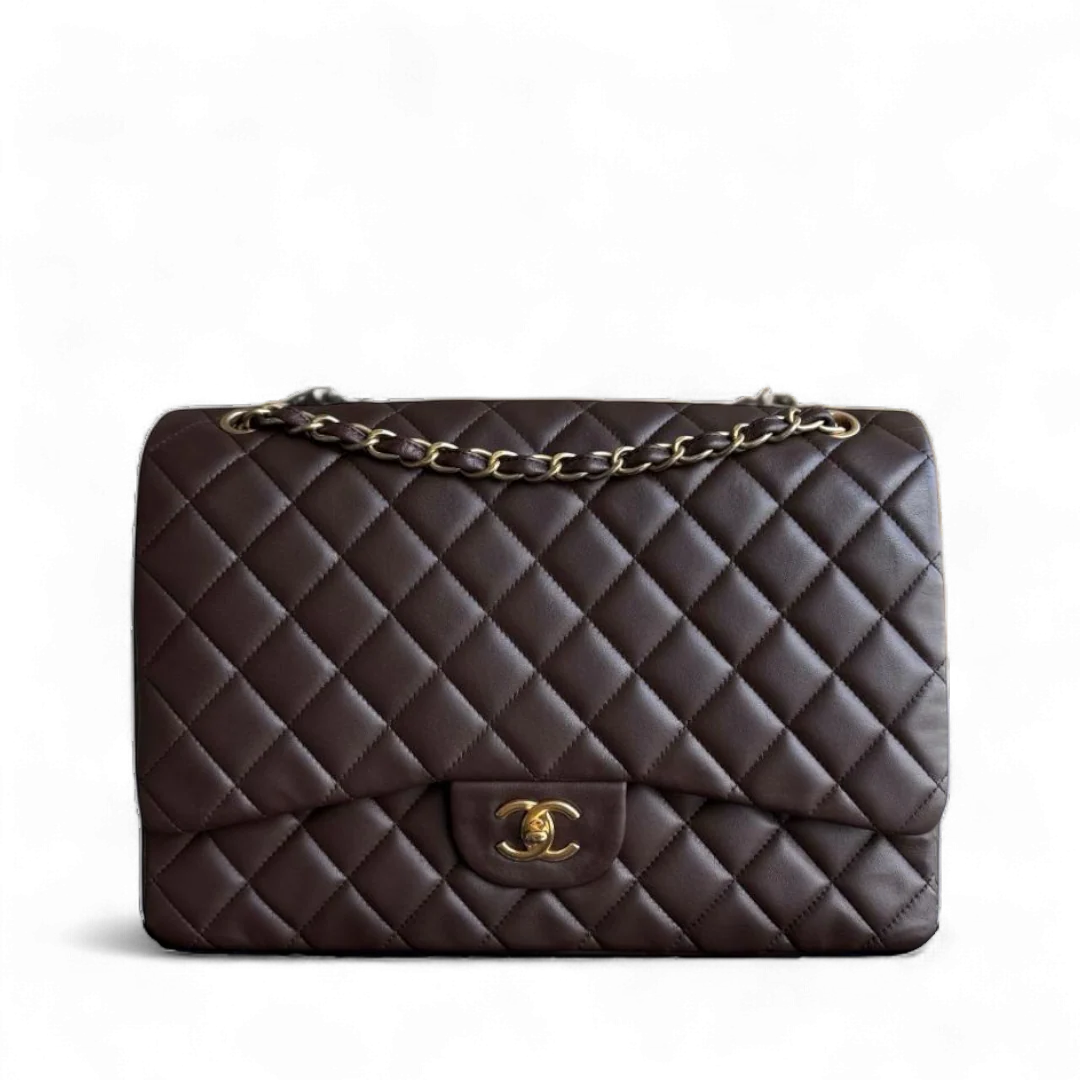 Chanel Classic Flap Maxi - Quilted Lambskin Single Flap Brown Gold Hardware Series 14