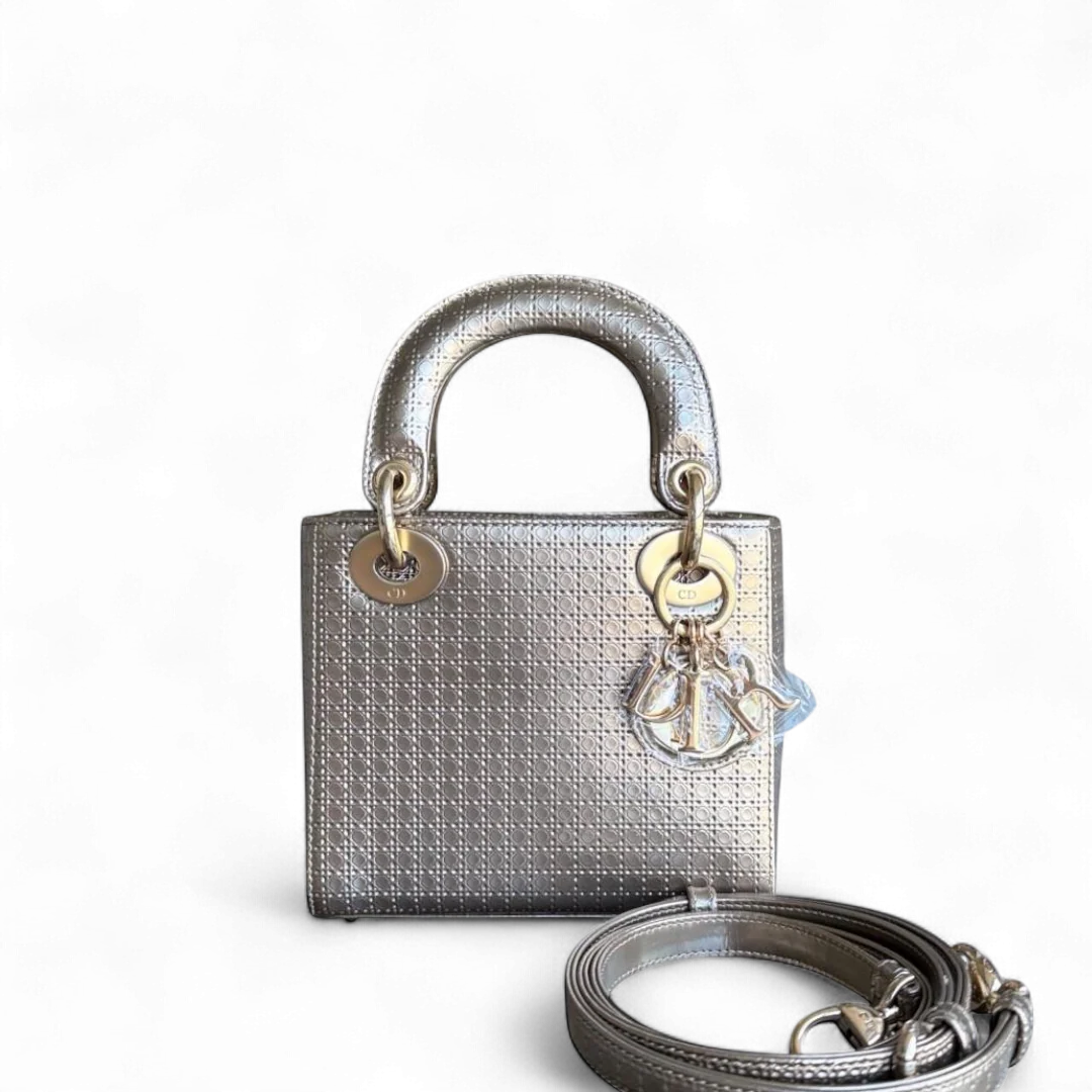 Dior Lady Mini - Micro Cannage Metallic Calfskin Gold Hardware Adjustable Strap