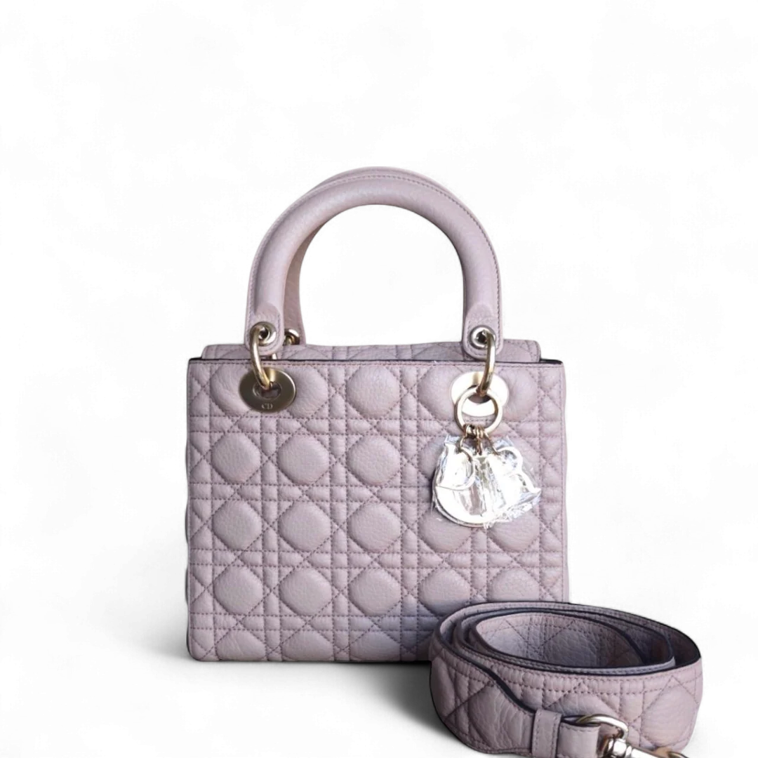 Dior Lady Medium Flap - Cannage Grained Calfskin Blush Nude Pink Gold Hardware