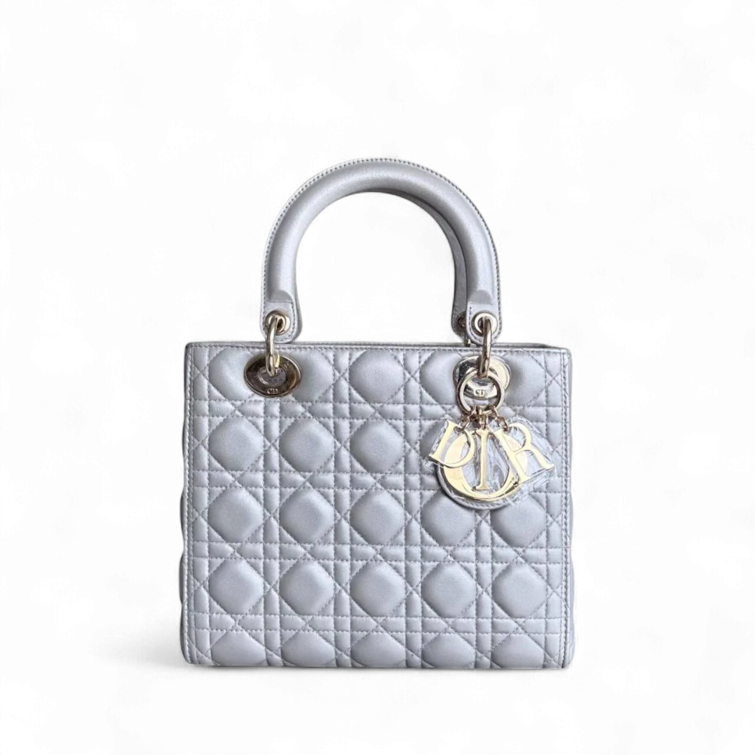 Dior Lady Medium - Cannage Lambskin Grey Gray Gold Hardware NO STRAP