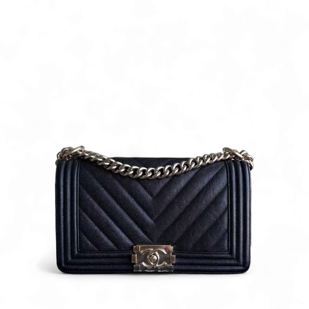 Chanel Boy Medium - Caviar 25CM Chevron Grained Calfskin Black Gold Hardware Series 28