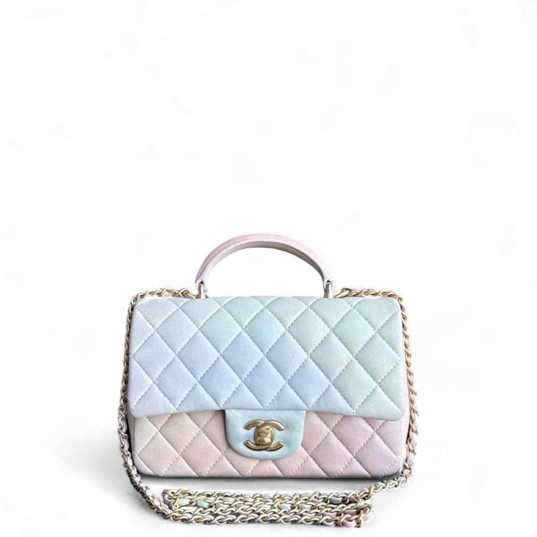 Chanel Classic Flap Mini Top Handle -Quilted Lambskin Ombre Rainbow Gold Hardware Microchip