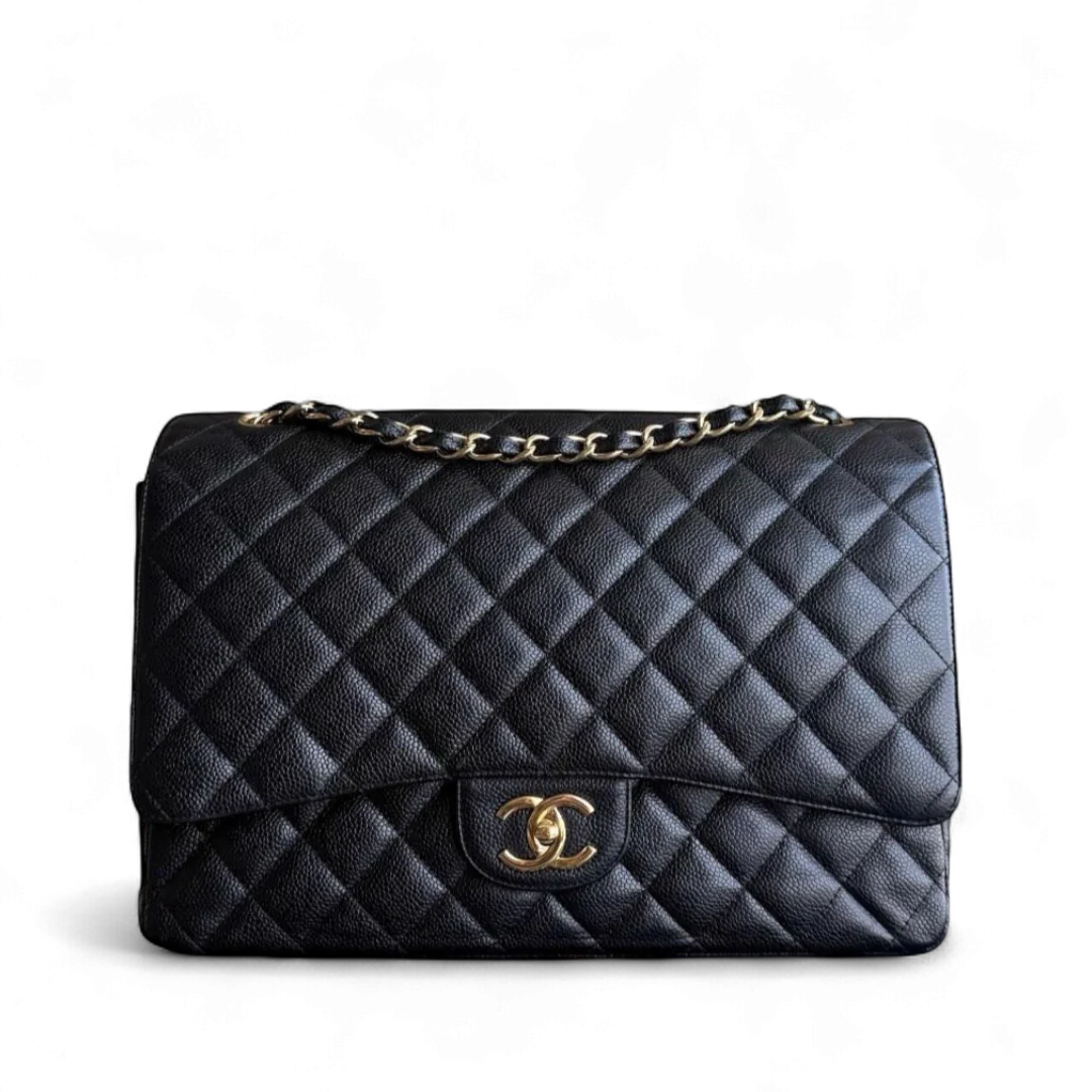 Chanel Classic Flap Maxi - Caviar Double Flap 33CM Quilted Grained Calfskin Black Gold Hardware Series 14
