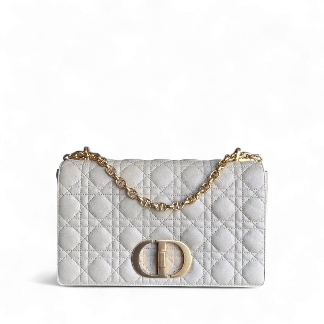 Dior Caro Large - Cannage Grained Calfskin Light Beige Gold Hardware