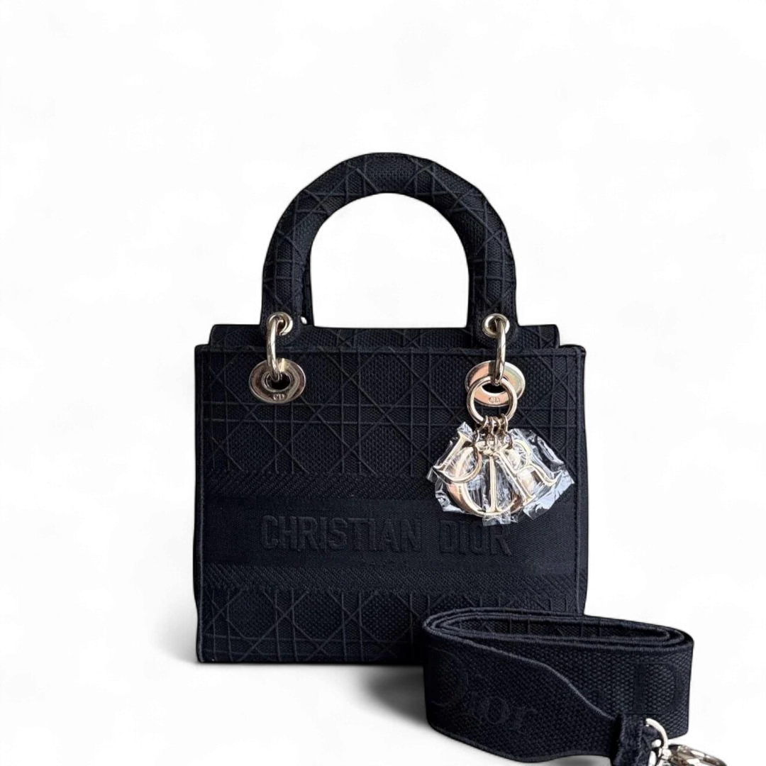 Dior Lady D-Lite Medium - Cannage Embroidered Canvas Black Gold Hardware