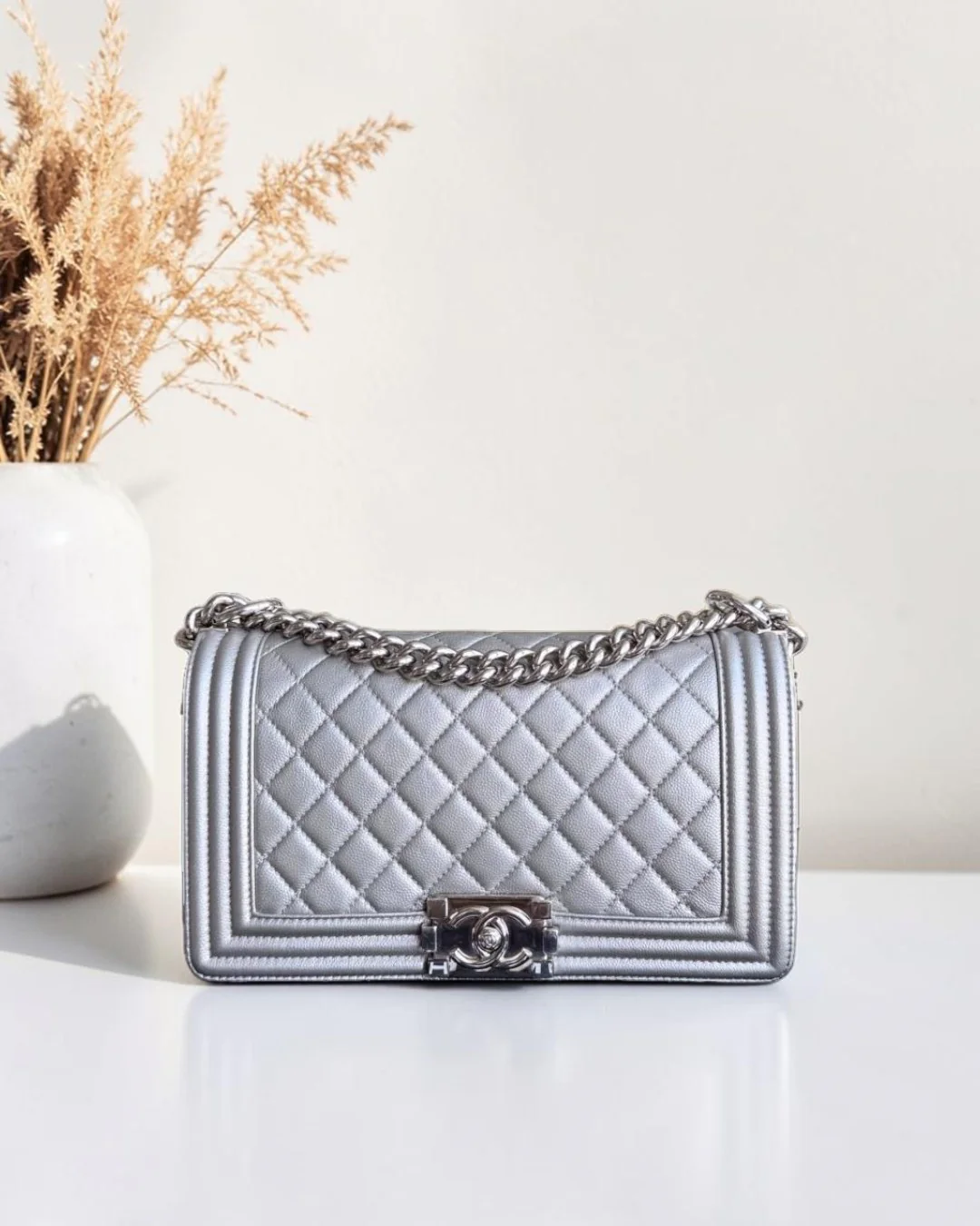 Chanel Boy Medium - Caviar 25CM Quilted Iridescent Silver Hardware Sereis 24
