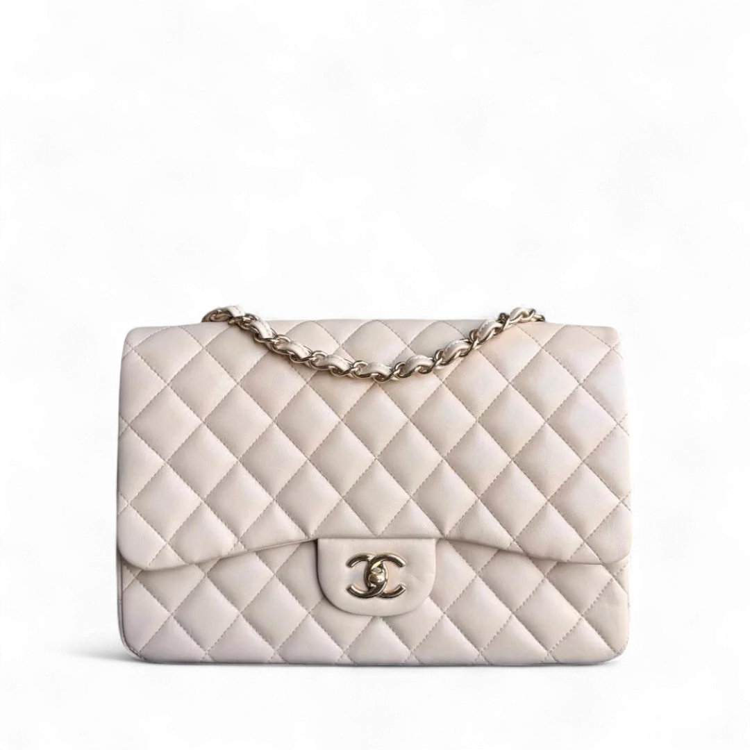 Chanel Classic Flap Jumbo - 30CM Quilted Lambskin Single Flap Light Beige Gold Hardware Series 14