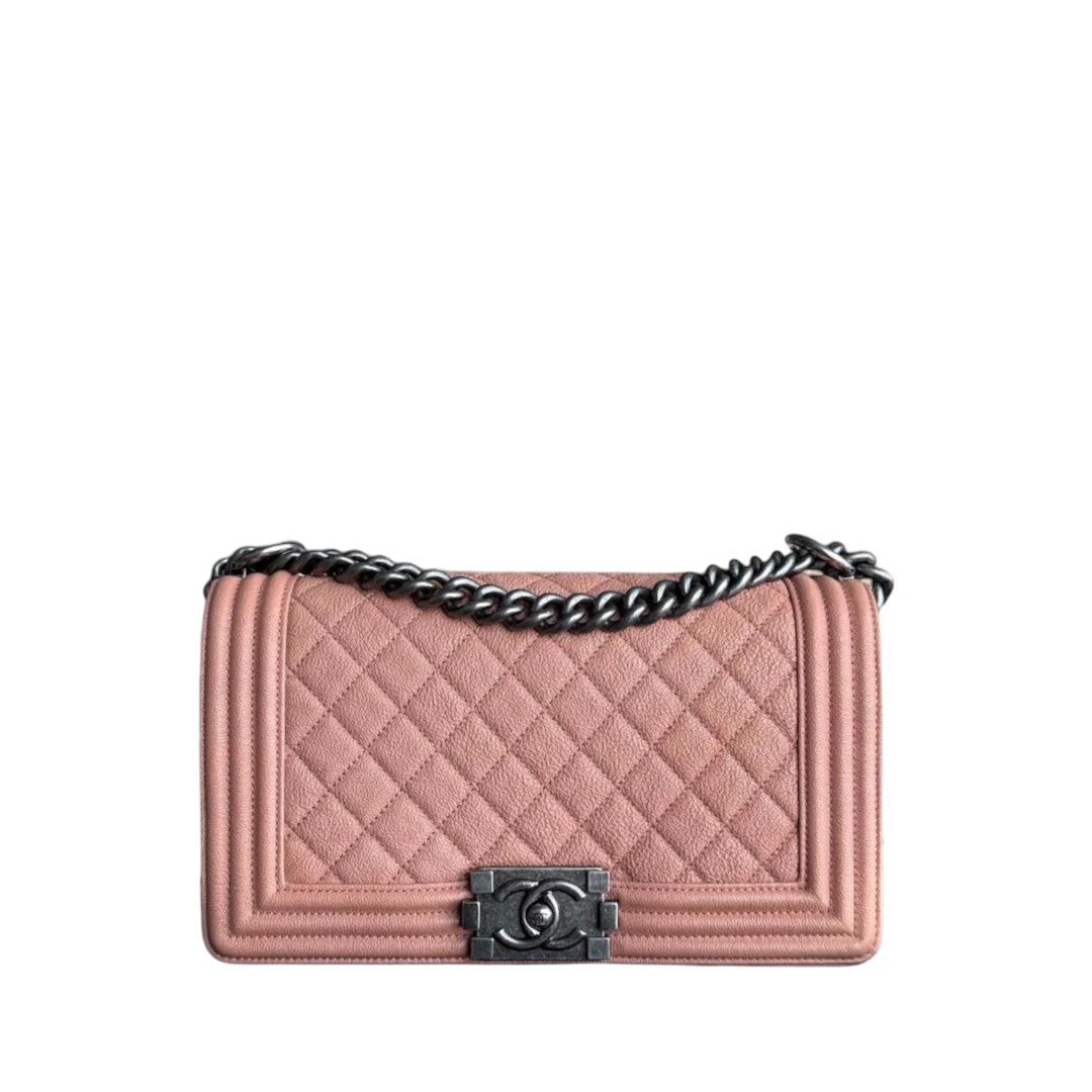 Chanel Boy Medium - Caviar 25CM Quilted Nude Blush Caramel Ruthenium Silver Hardware Series 26