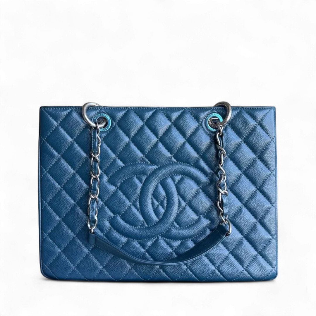 Chanel GST Grand Shopping Tote - Caviar Quilted Grained Calfskin Blue Silver Hardware Series 17