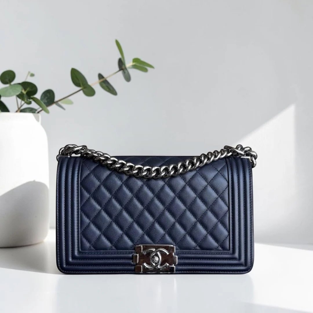 Chanel Boy Medium - 25CM Quilted Calfskin Dark Midnight Blue Silver Hardware Series  20