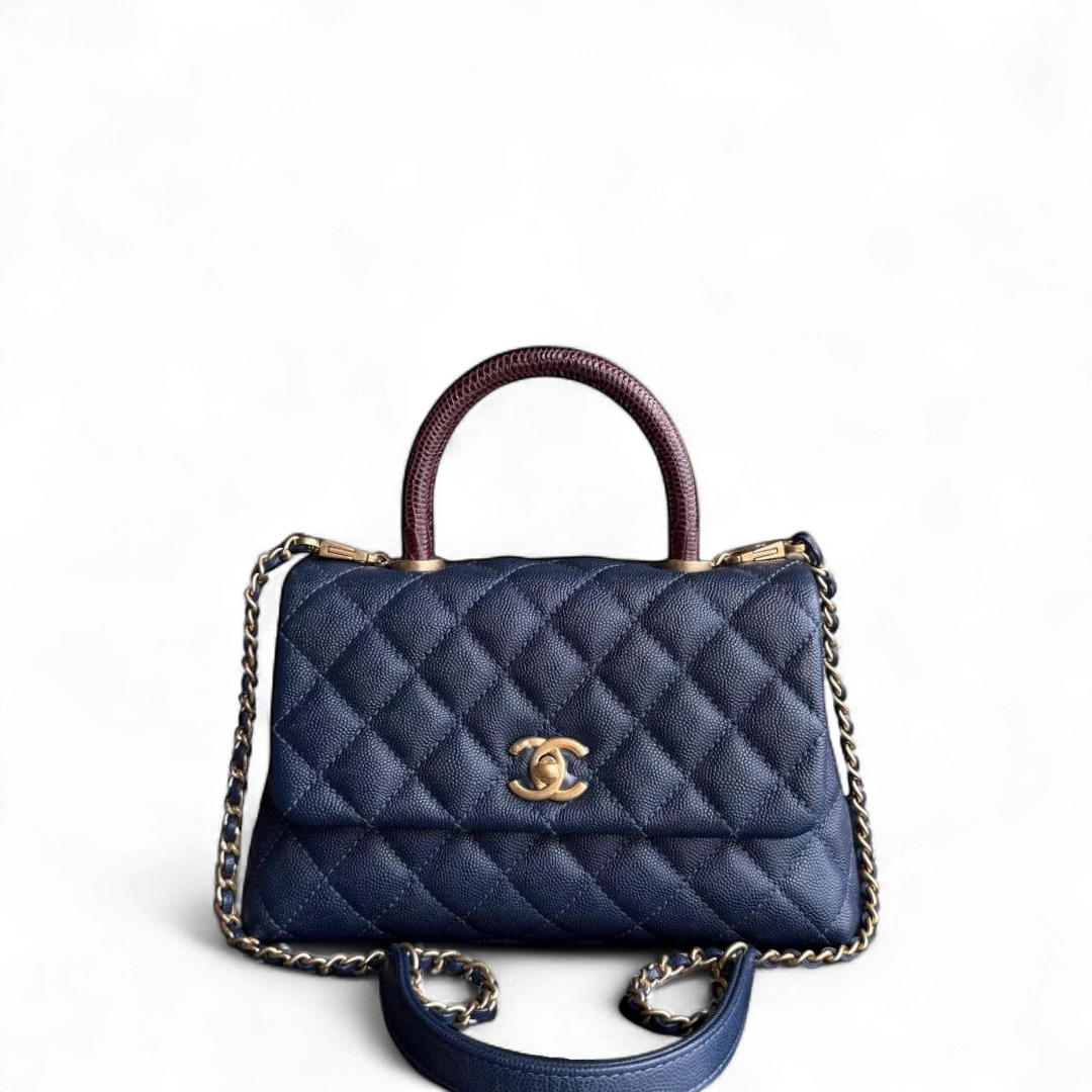 Chanel Coco Handle Small - Caviar Quilted Grained Calfskin Dark Navy Blue Lizard Handle Gold Hardware Series 24