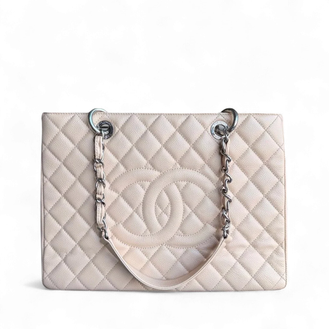 Chanel GST Grand Shopping Tote - Caviar Quilted Grained Calfskin Light Beige Silver Hardware