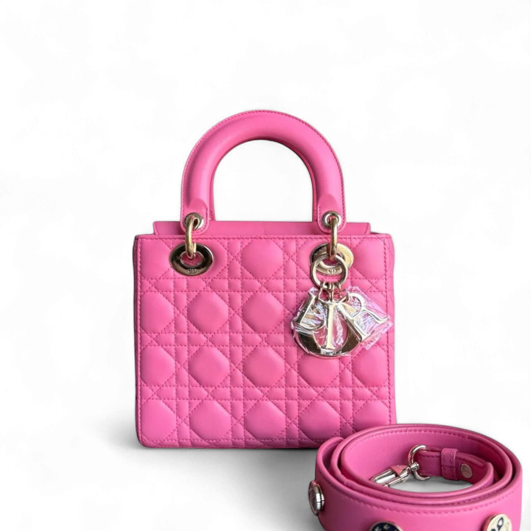 Dior Lady Small - Cannage Lambskin Brabie Pink Gold Hardware Badge Charm