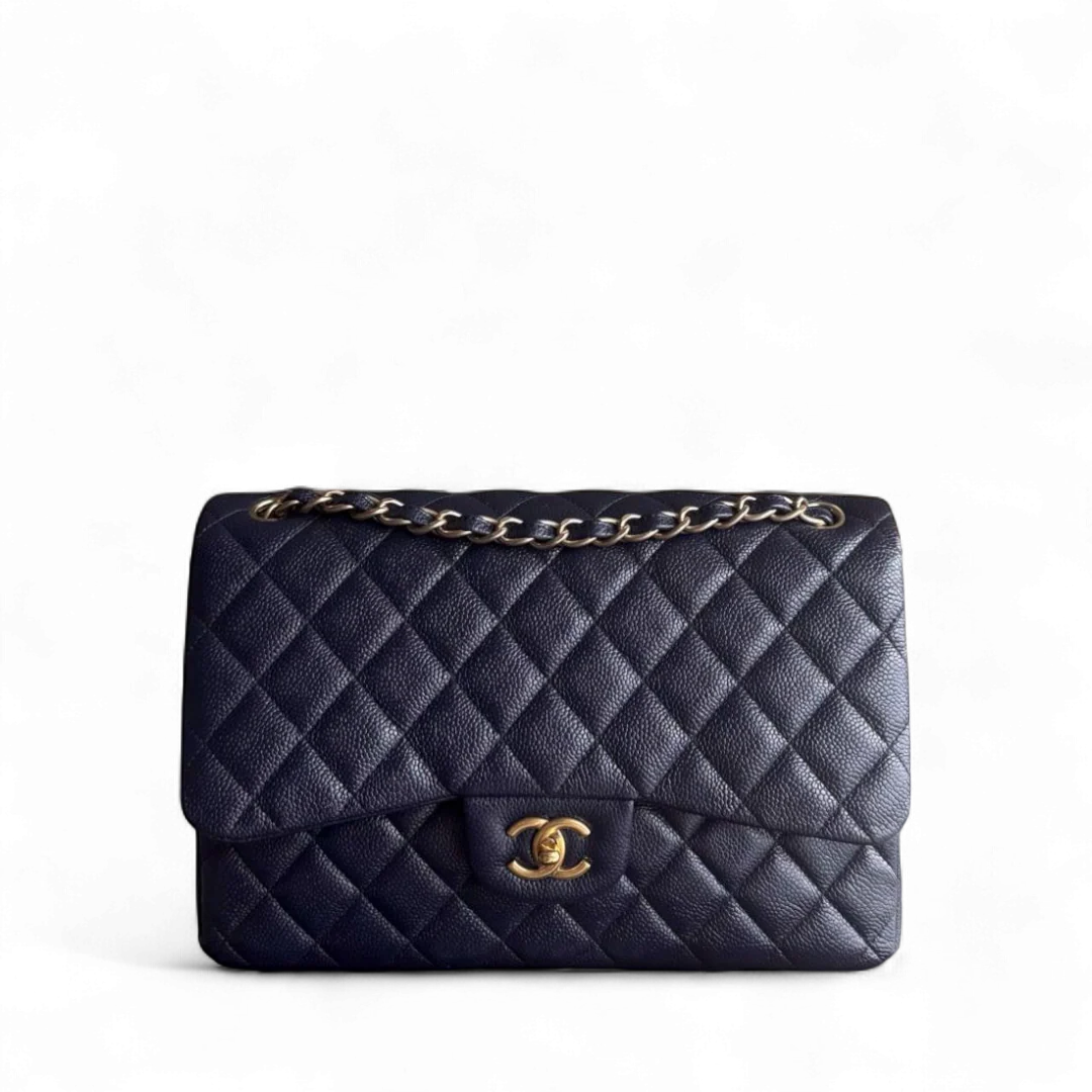Chanel Classic Flap Jumbo - Caviar Quilted Grained Calfskin Dark Navy Blue Gold Hardware Series 21