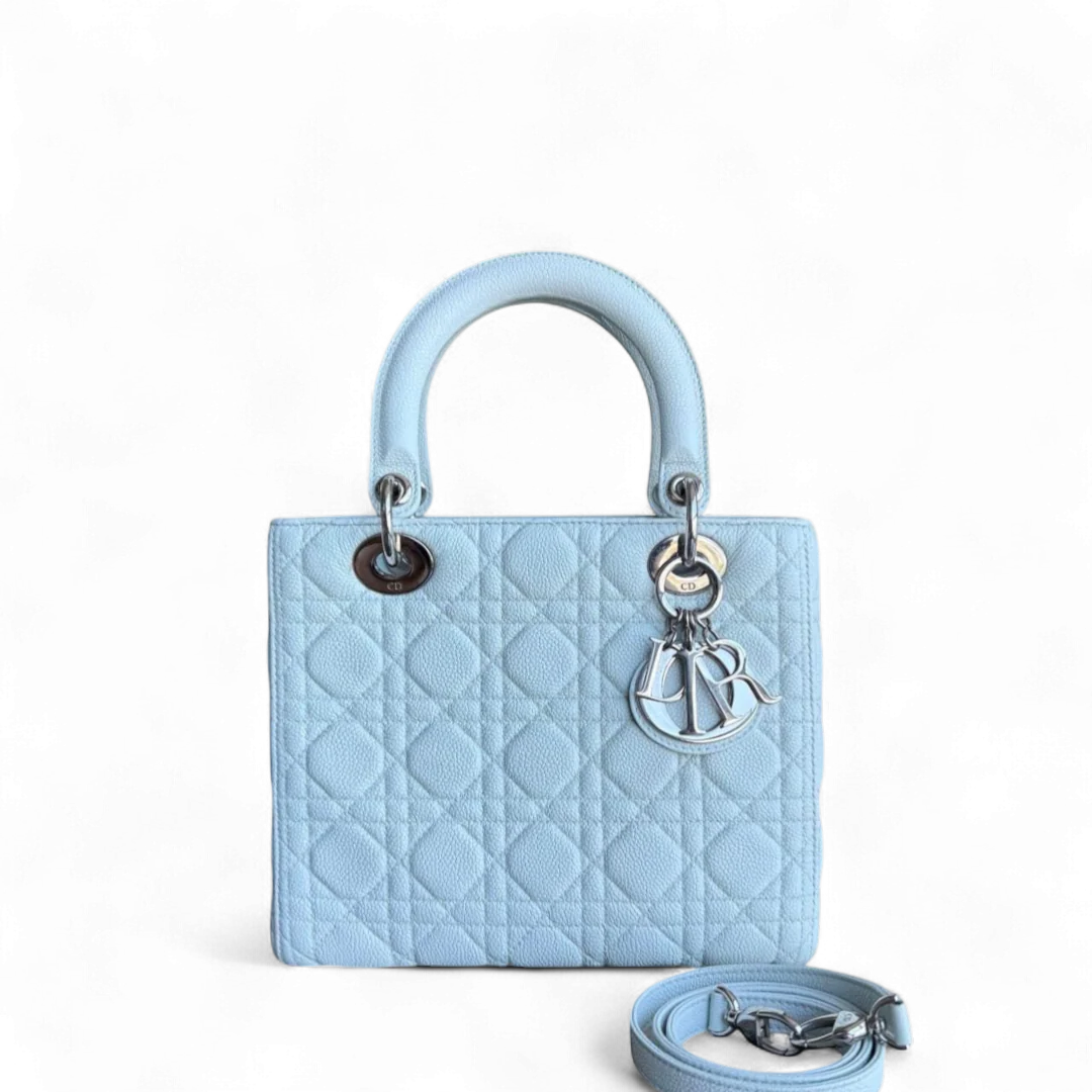 Dior Lady Medium Caviar - Grained Calfskin Cannage Glacier White Ice Blue Silver Hardware