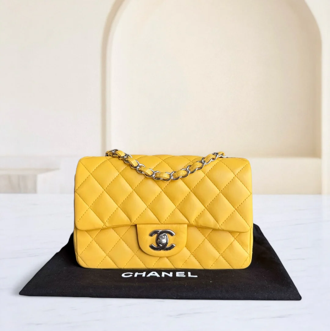 Chanel Classic Flap Mini - 20CM Quilted Lambskin Yellow Silver Hardware Series 25