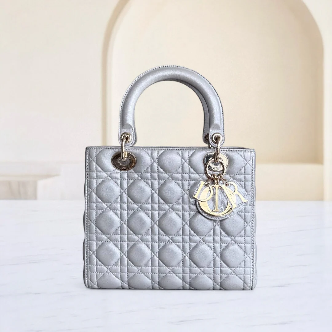 Dior Lady Medium - Cannage Lambskin Grey Gray Gold Hardware NO STRAP