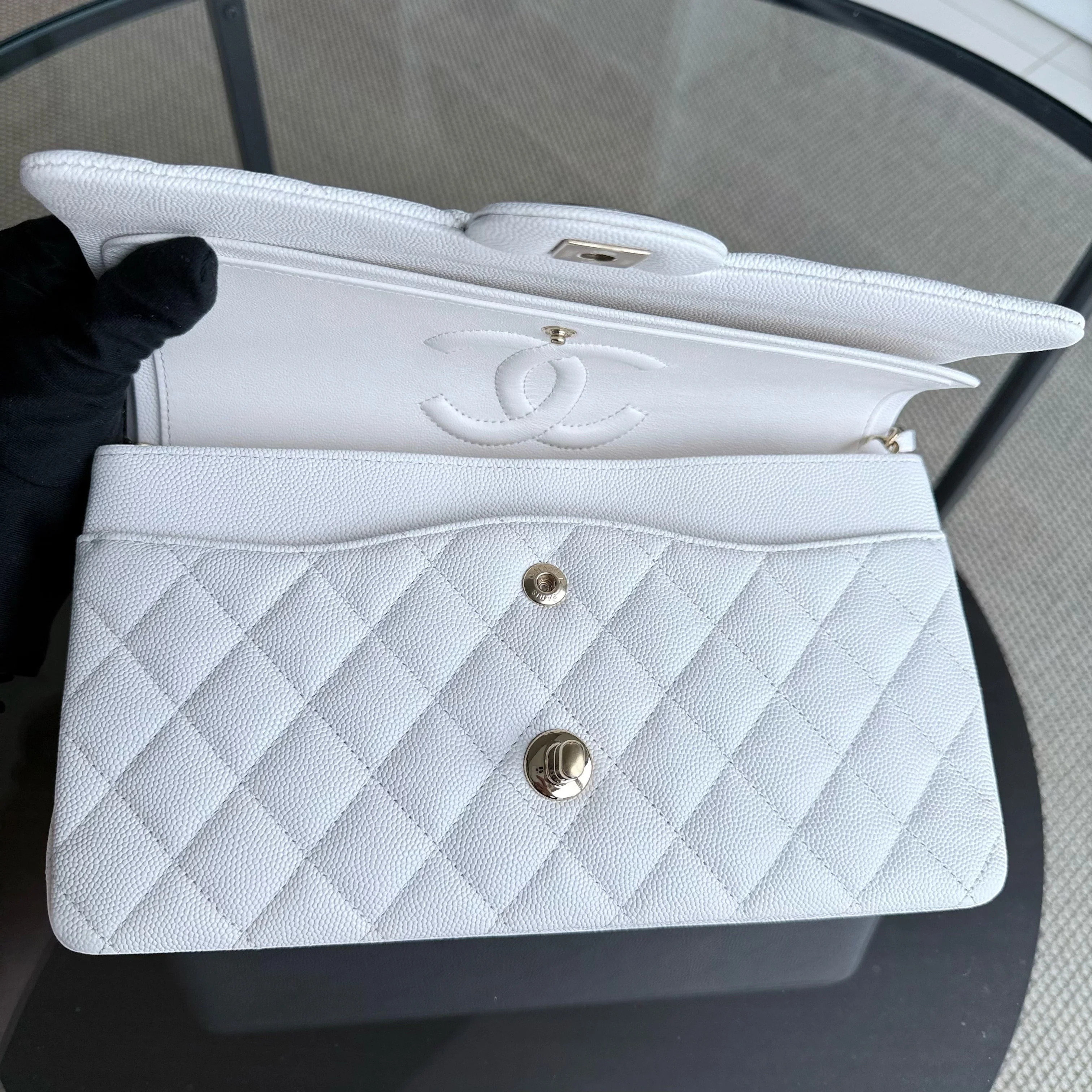 Chanel Classic Flap Medium - Caviar 25CM Quilted Snow White Gold Hardware Microchip
