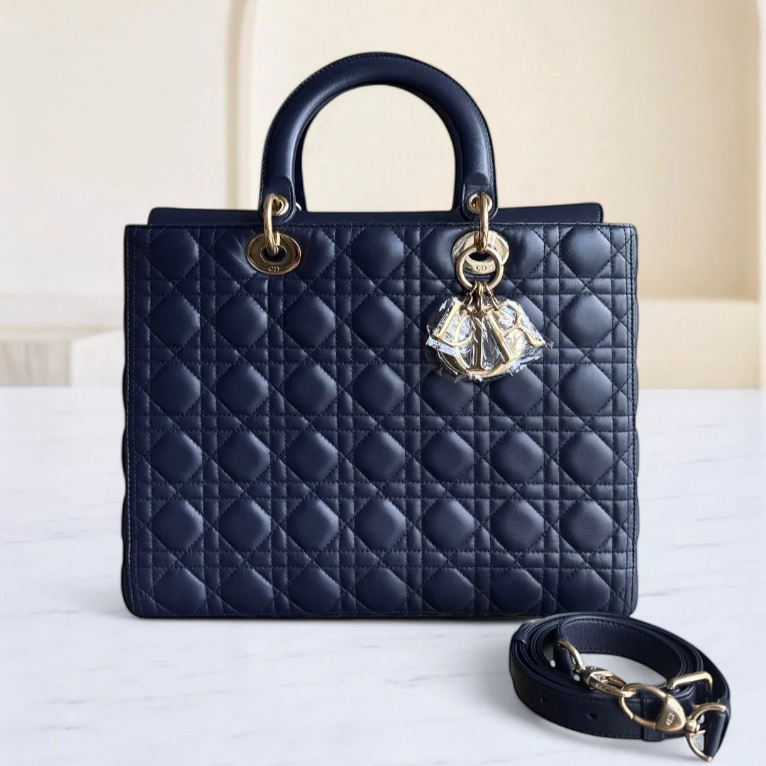 Dior Lady Large Flap - Canange Lambskin Dark Blue Gold Hardware