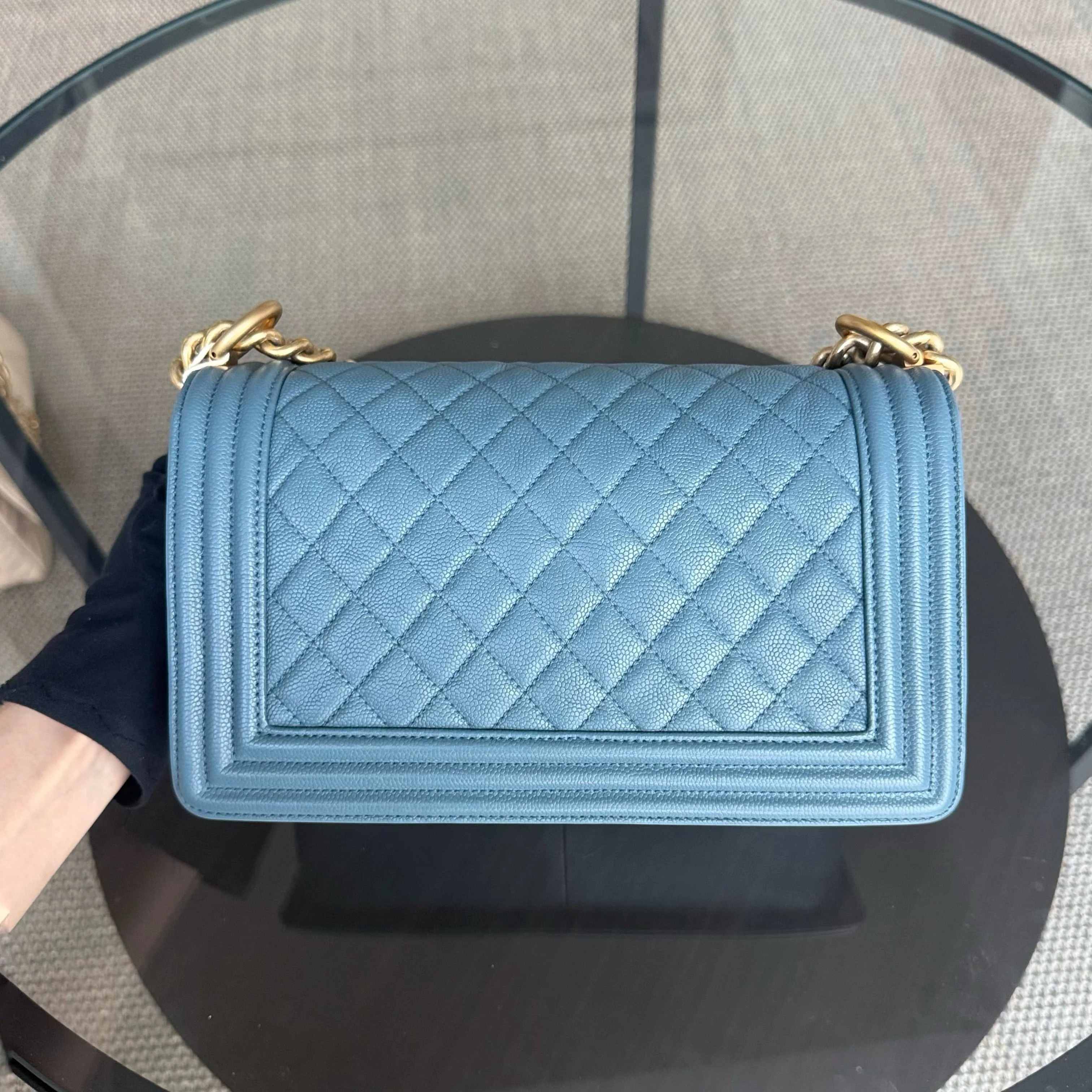 Chanel Boy Medium - Caviar 25CM Quilted Blue Gold Hardware 25