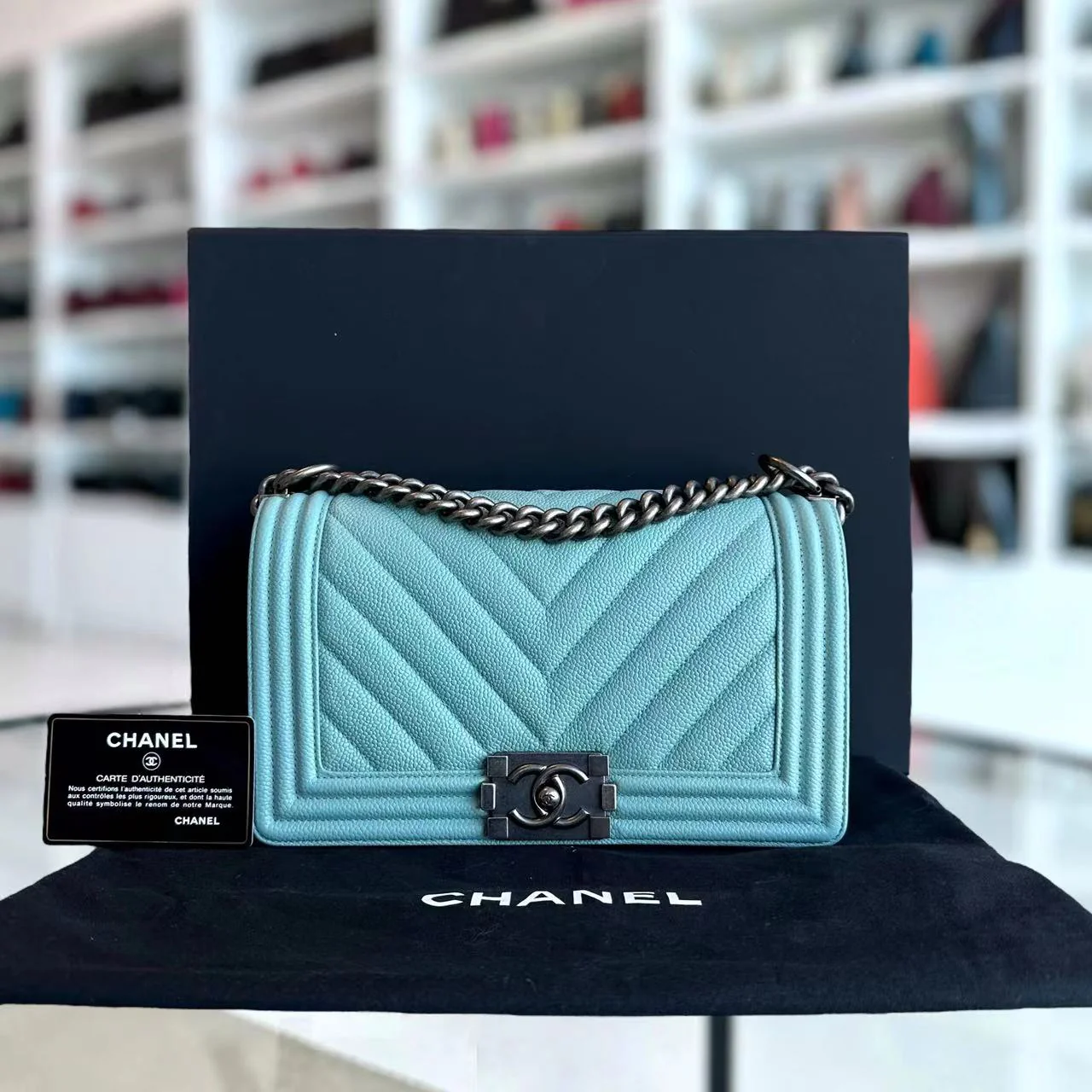 *2019, Series 29* Chanel Caviar Boy Old Medium 25CM Chevron Grained Calfskin Light Baby Blue No 29 - Best Luxury Designers