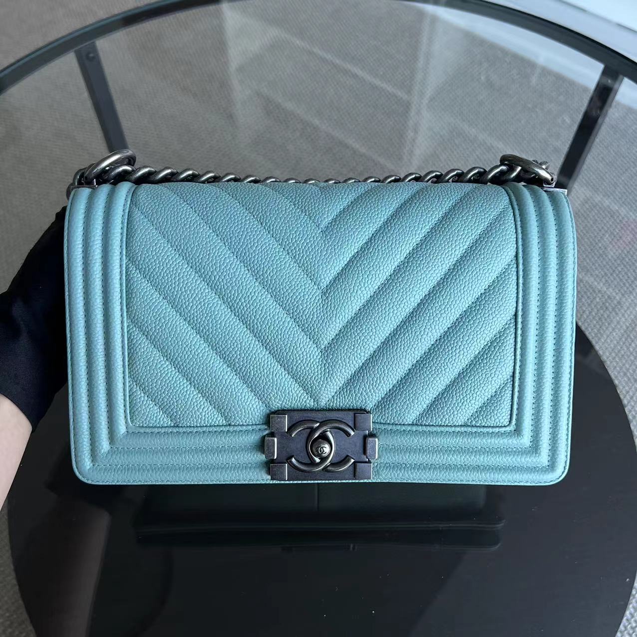 *2019, Series 29* Chanel Caviar Boy Old Medium 25CM Chevron Grained Calfskin Light Baby Blue No 29 - Best Luxury Designers