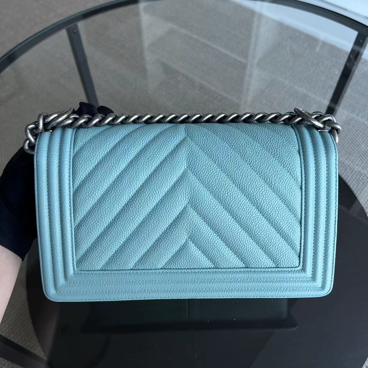 *2019, Series 29* Chanel Caviar Boy Old Medium 25CM Chevron Grained Calfskin Light Baby Blue No 29 - Best Luxury Designers