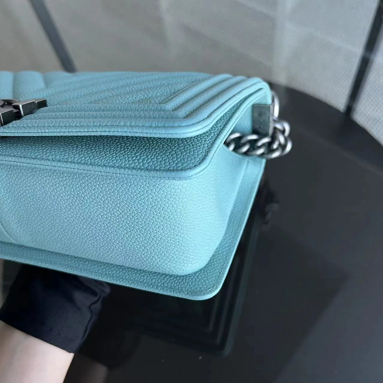 *2019, Series 29* Chanel Caviar Boy Old Medium 25CM Chevron Grained Calfskin Light Baby Blue No 29 - Best Luxury Designers