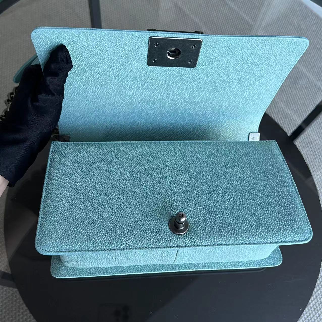 *2019, Series 29* Chanel Caviar Boy Old Medium 25CM Chevron Grained Calfskin Light Baby Blue No 29 - Best Luxury Designers