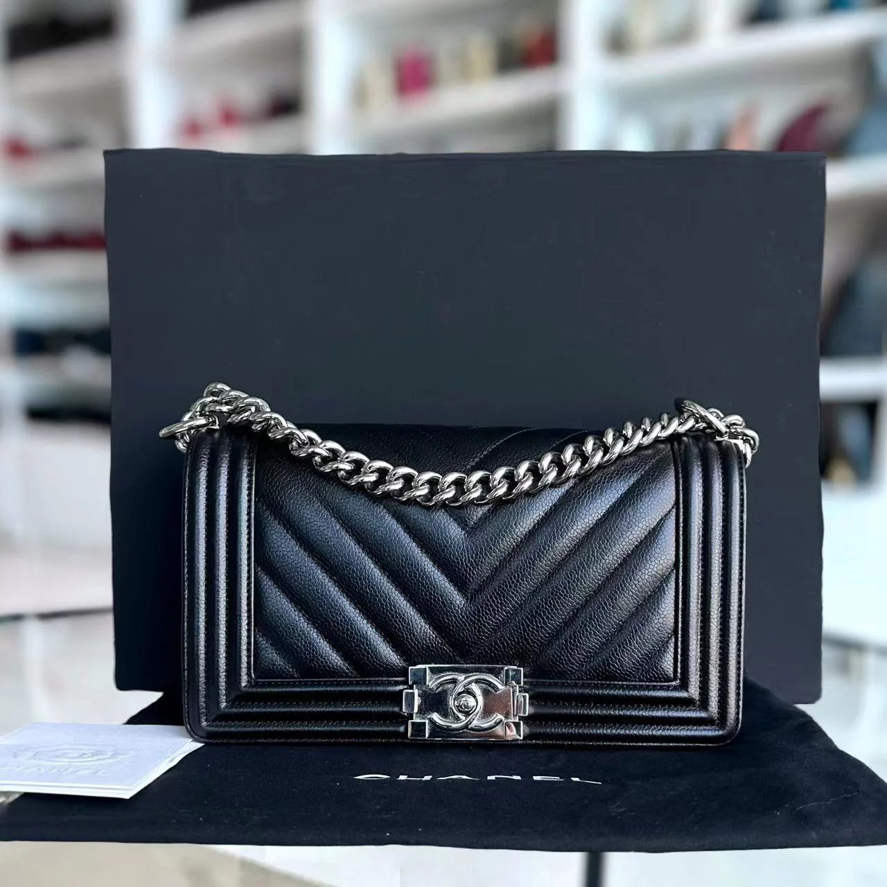 *2020 Receipt* Chanel Caviar Boy Old Medium 25CM Chevron Black Silver Hardware Series 29 - Best Luxury Designers