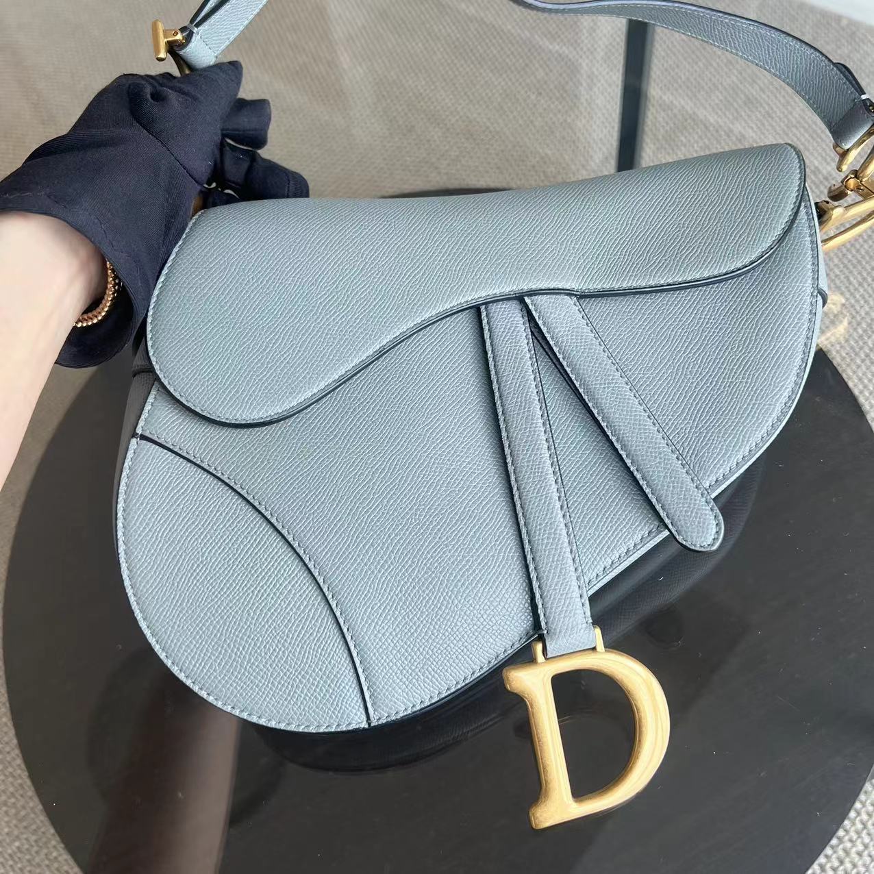 *2022 Receipt, Full Set* Dior Saddle Medium 25CM Grained Calfskin Haze Blue GHW - Best Luxury Designers