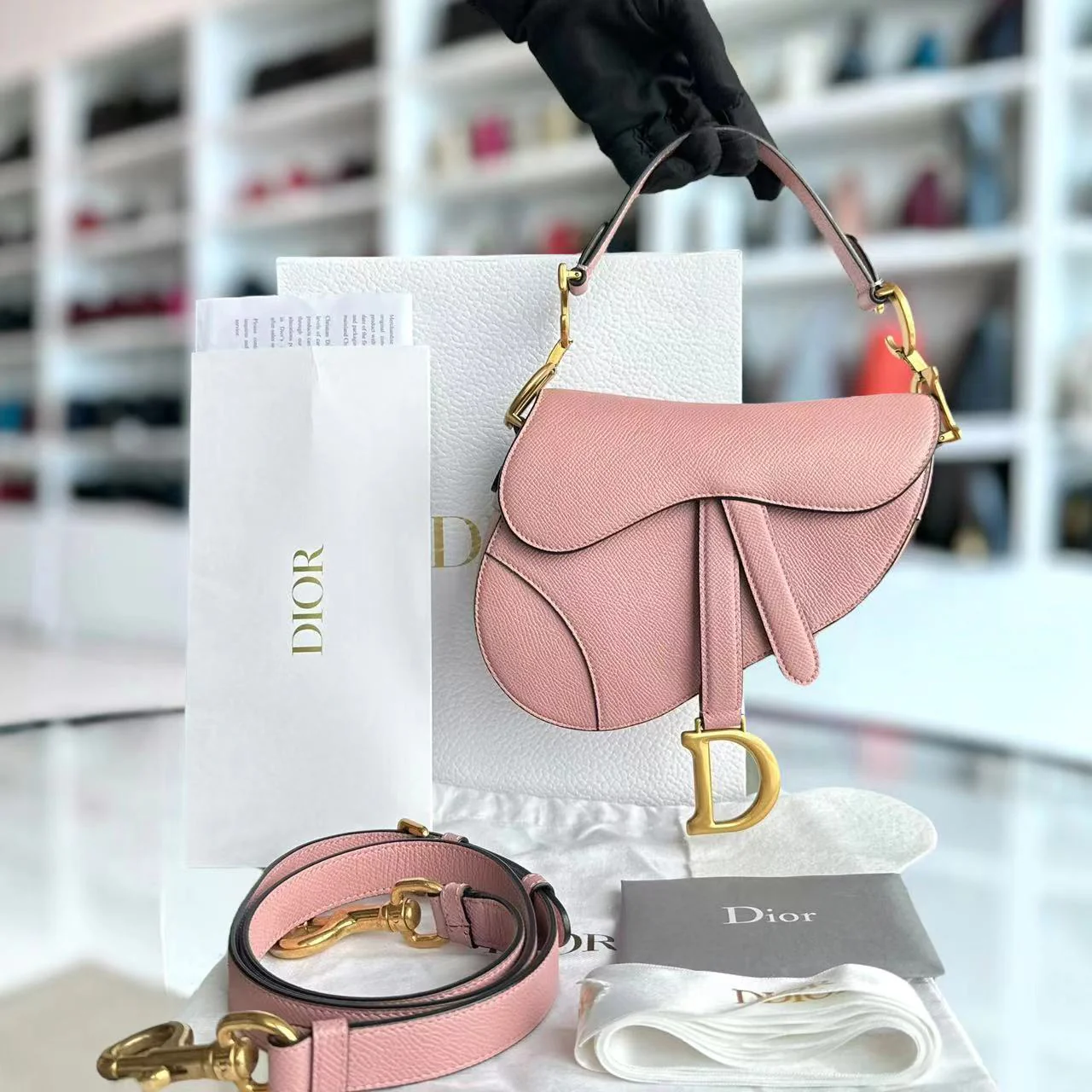 *2022 Strap Version Full Set Receipt* Dior Saddle Small 20CM Grained Calfskin Light Pink GHW - Best Luxury Designers