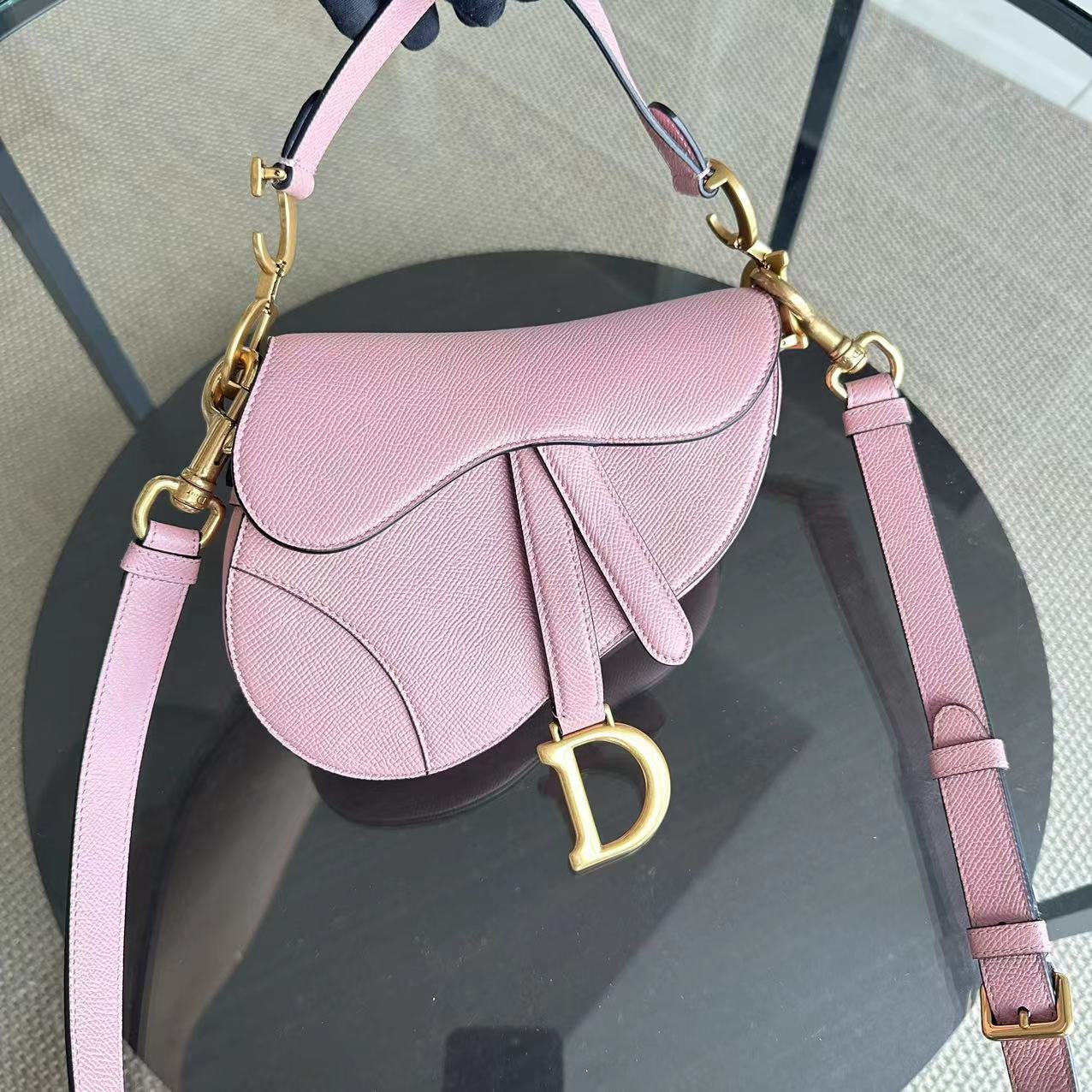 *2022 Strap Version Full Set Receipt* Dior Saddle Small 20CM Grained Calfskin Light Pink GHW - Best Luxury Designers