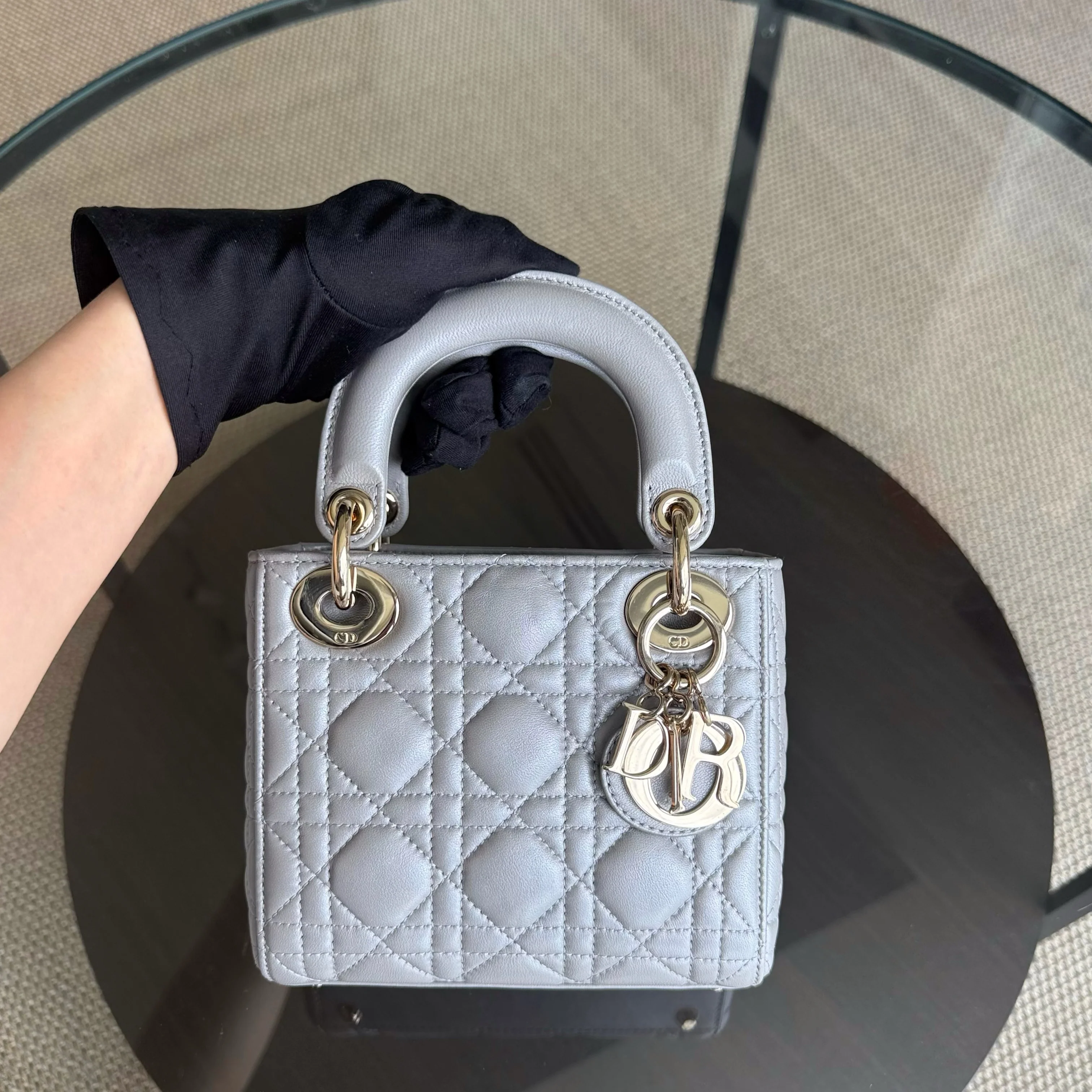 Dior Lady Mini - Cannage Lambskin Silver Gold Hardware Chain Strap