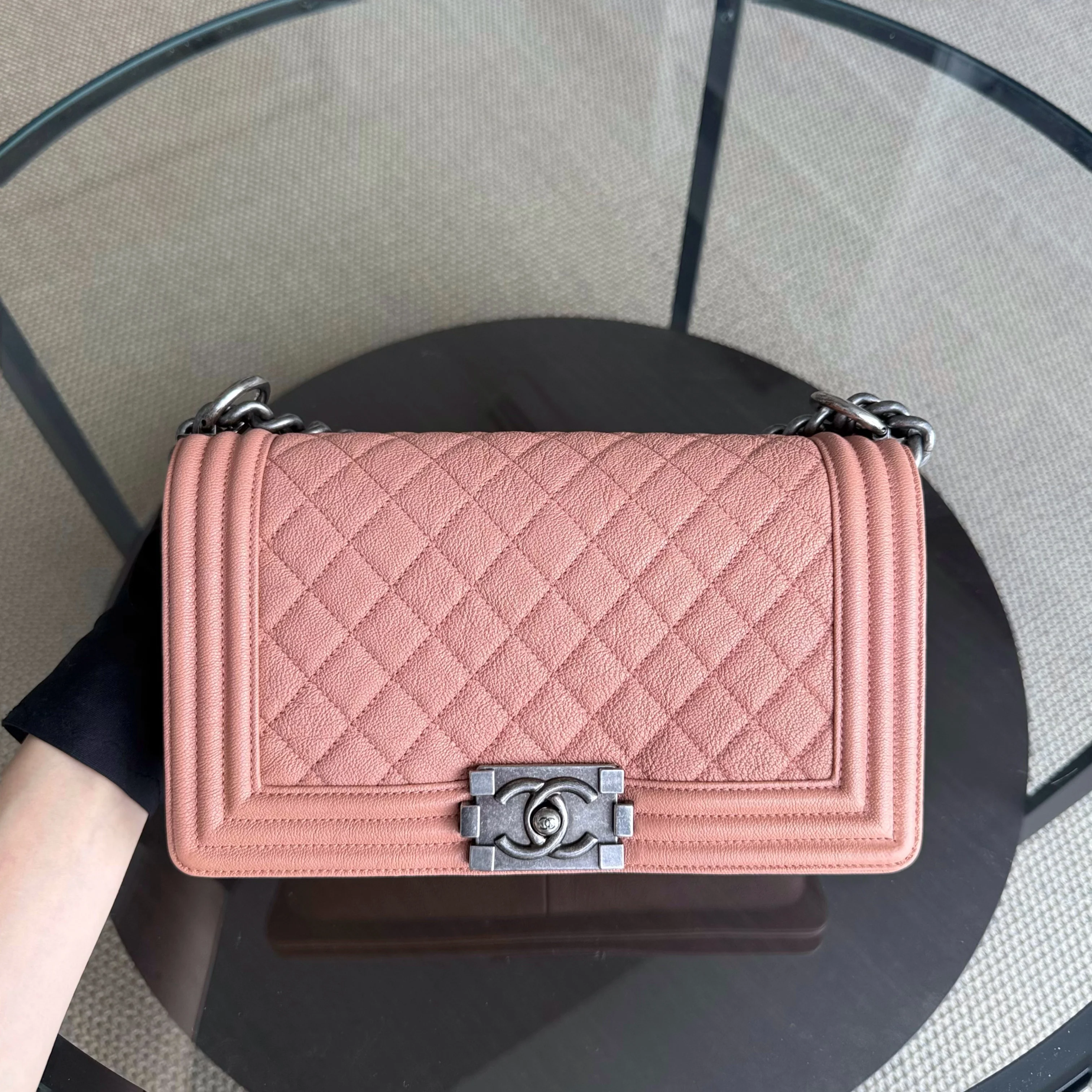 Chanel Boy Medium - Caviar 25CM Quilted Nude Blush Caramel Ruthenium Silver Hardware Series 26