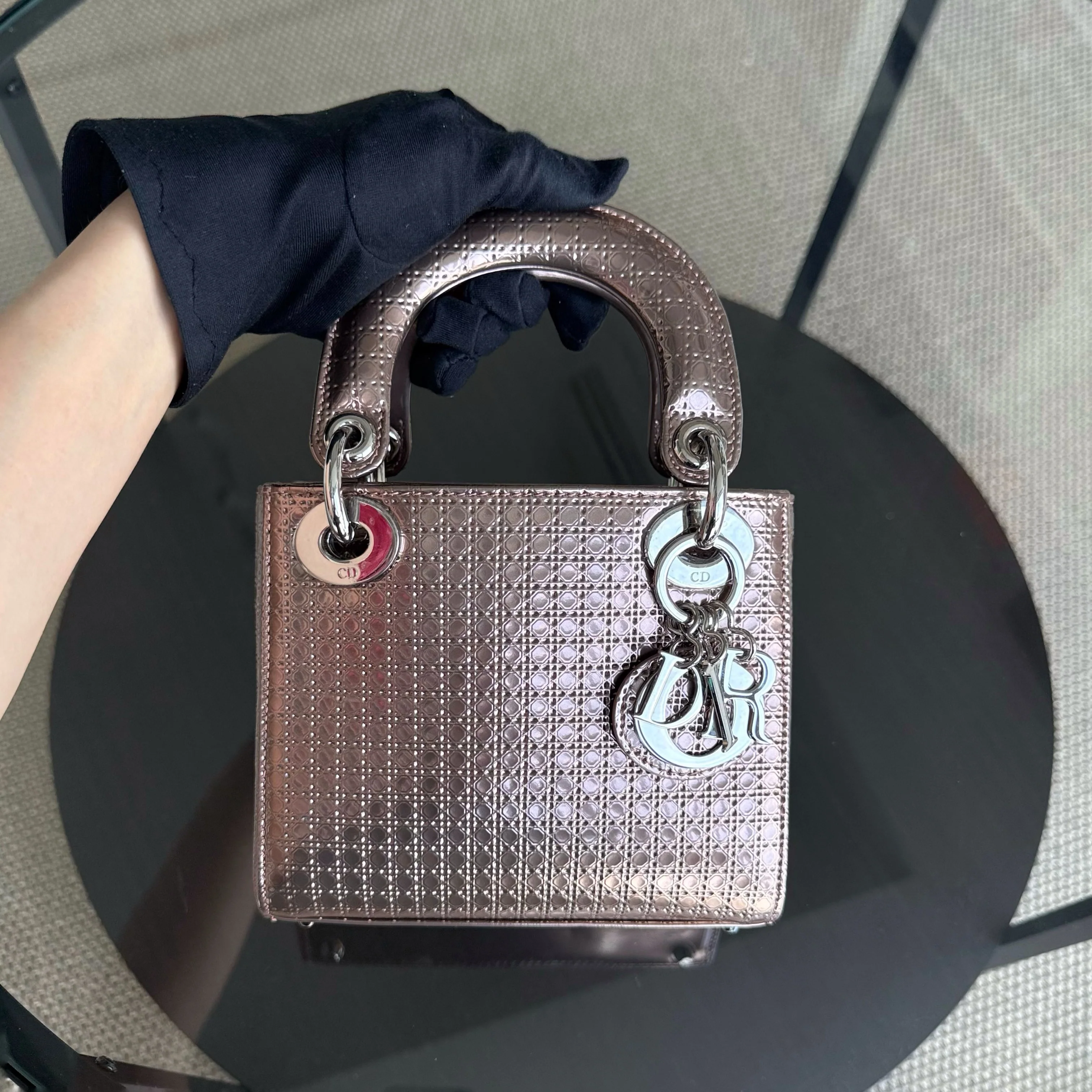 Dior Lady Mini - Calfskin Micro-Cannage Metallic Rose Gold Silver Hardware Chain Strap