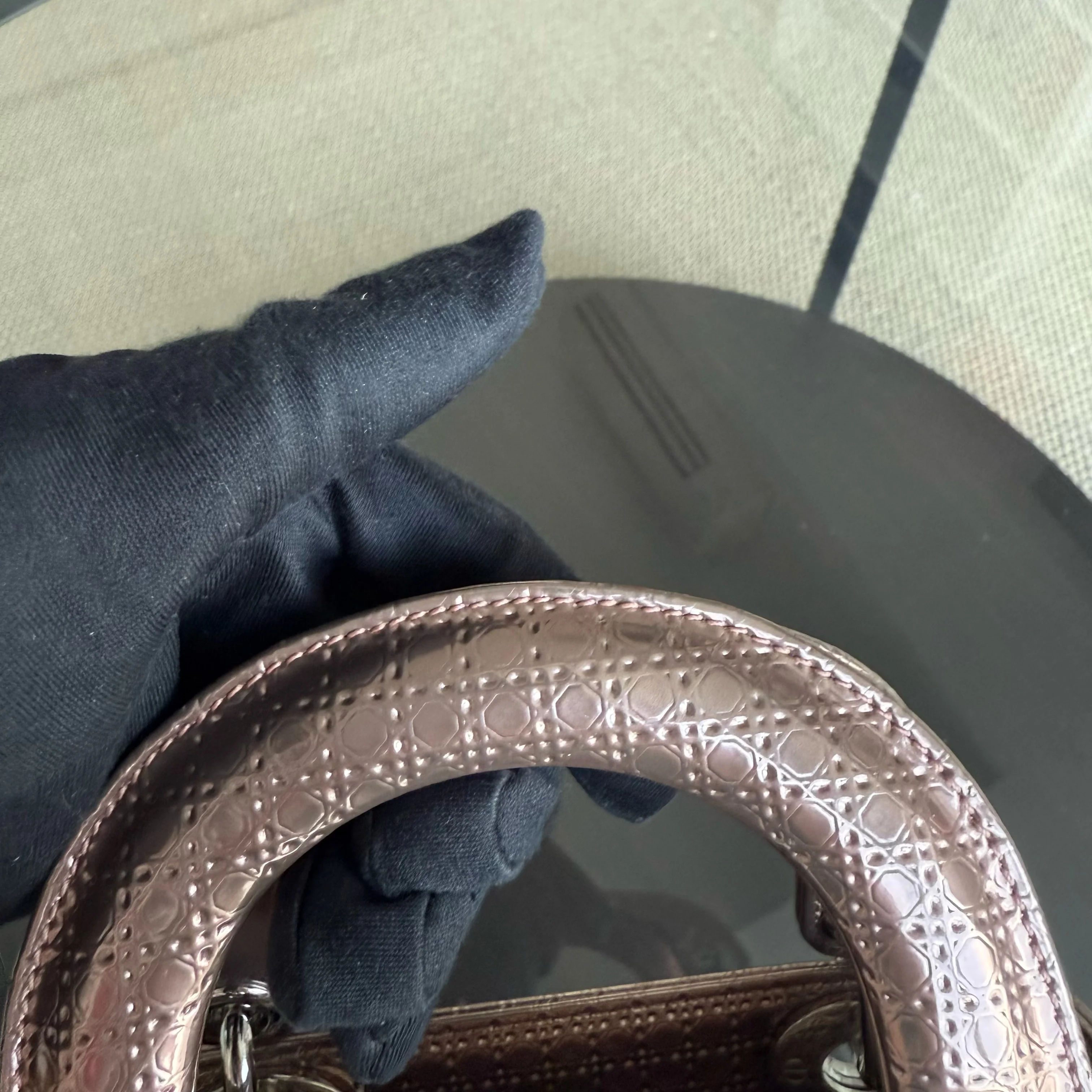 Dior Lady Mini - Calfskin Micro-Cannage Metallic Rose Gold Silver Hardware Chain Strap