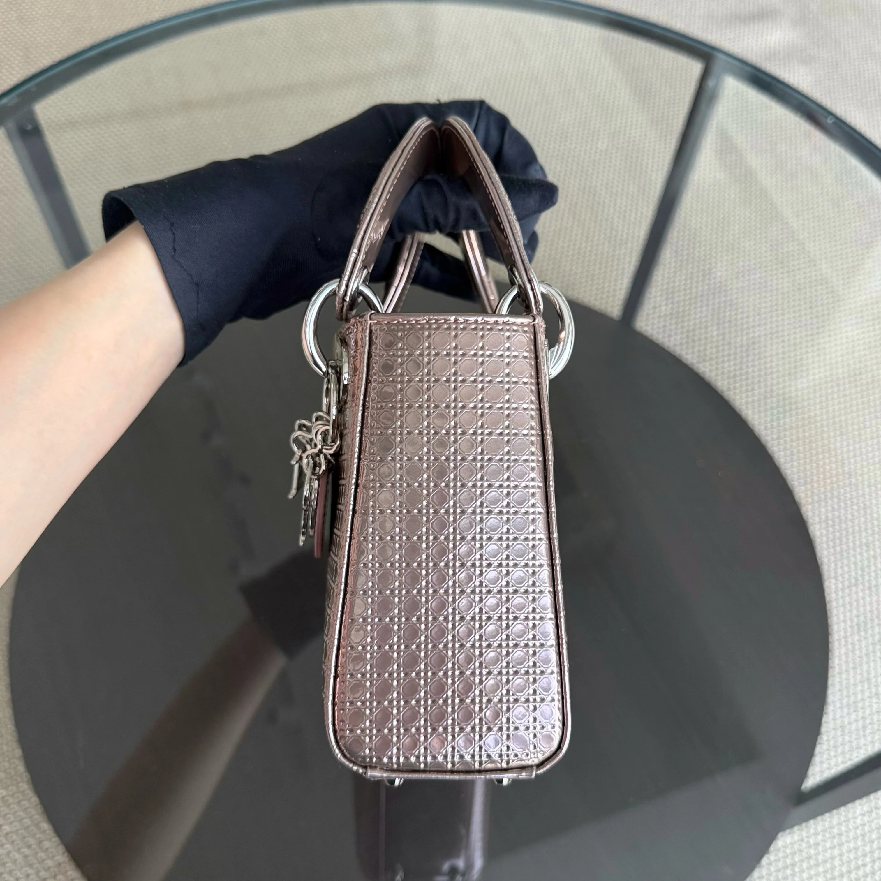 Dior Lady Mini - Calfskin Micro-Cannage Metallic Rose Gold Silver Hardware Chain Strap