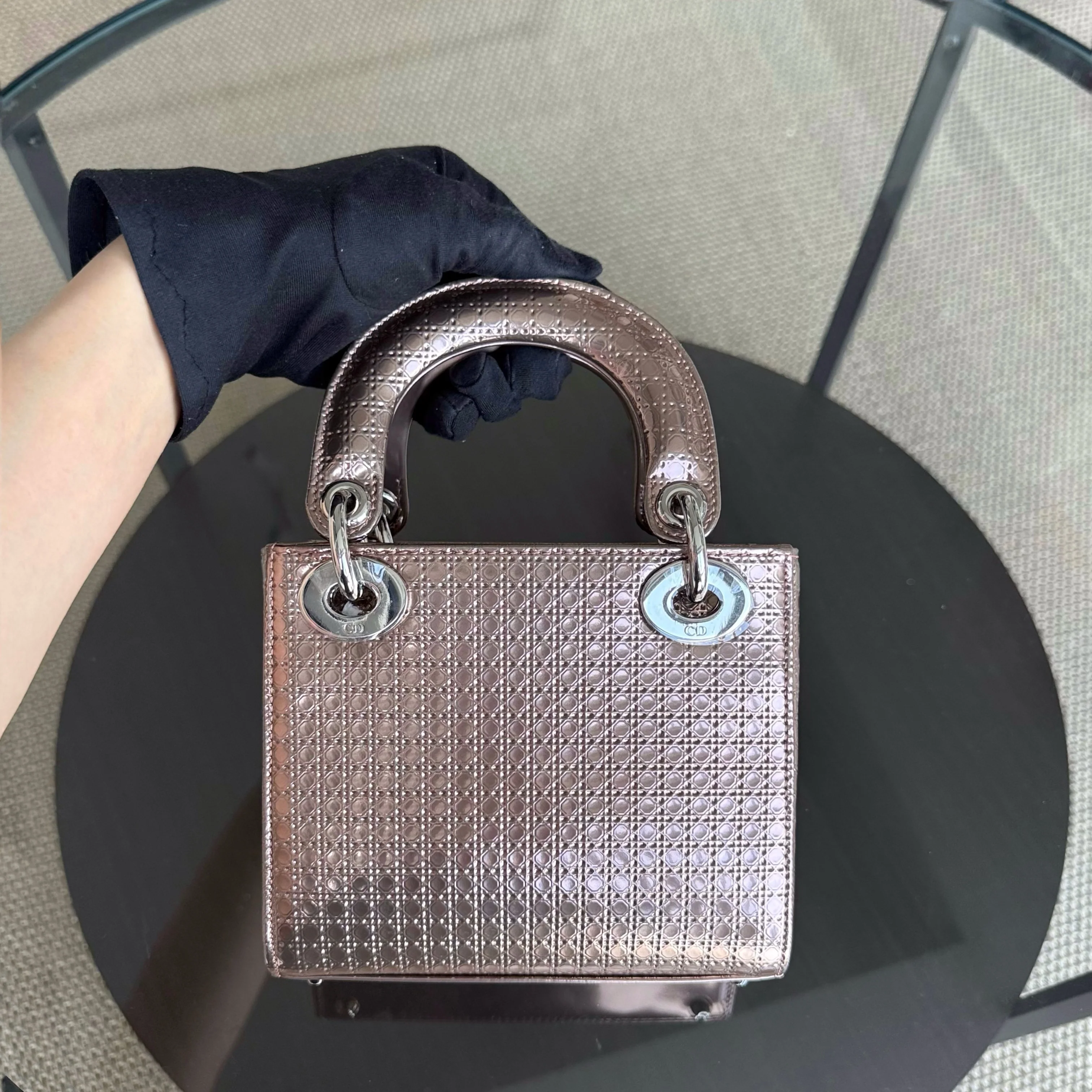 Dior Lady Mini - Calfskin Micro-Cannage Metallic Rose Gold Silver Hardware Chain Strap