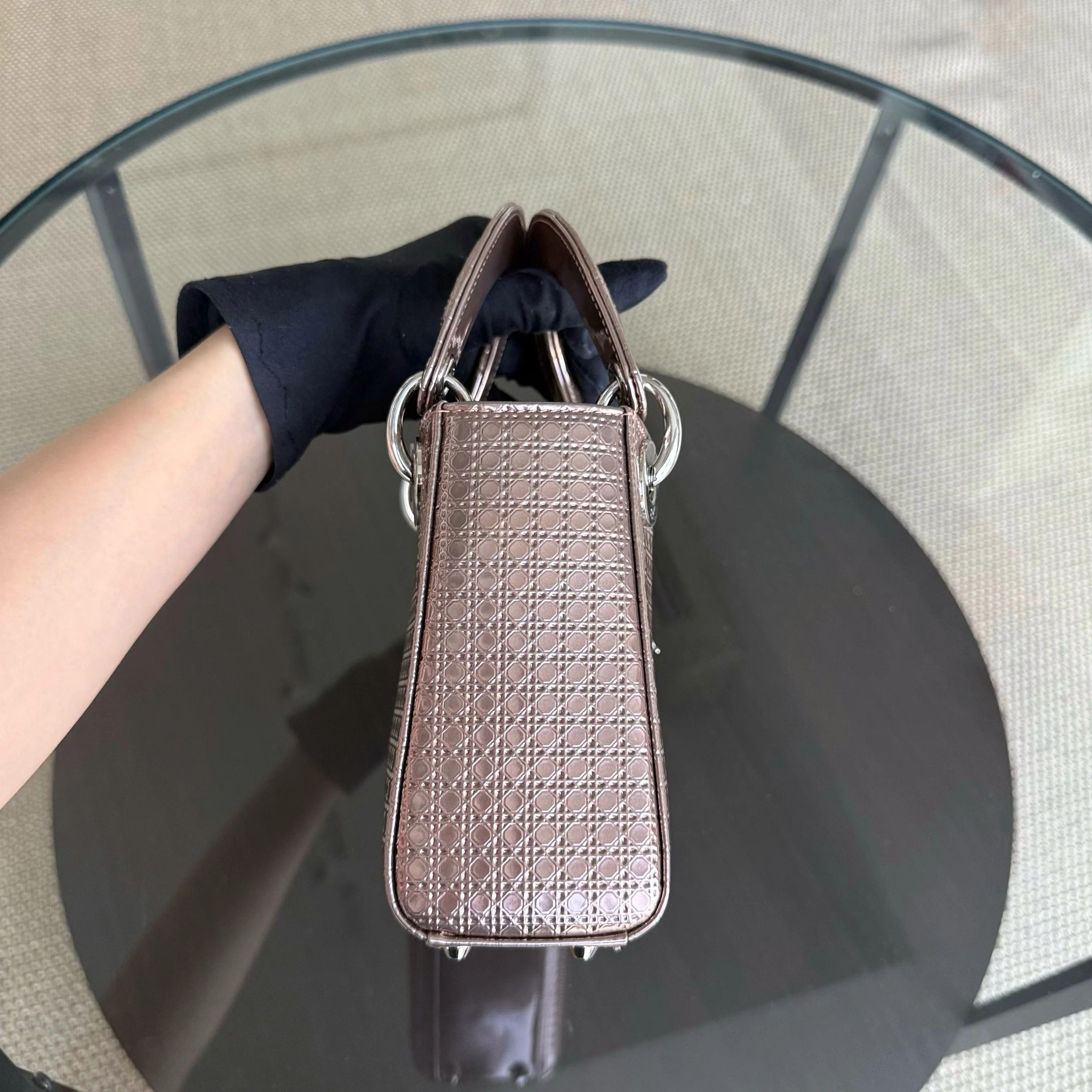 Dior Lady Mini - Calfskin Micro-Cannage Metallic Rose Gold Silver Hardware Chain Strap