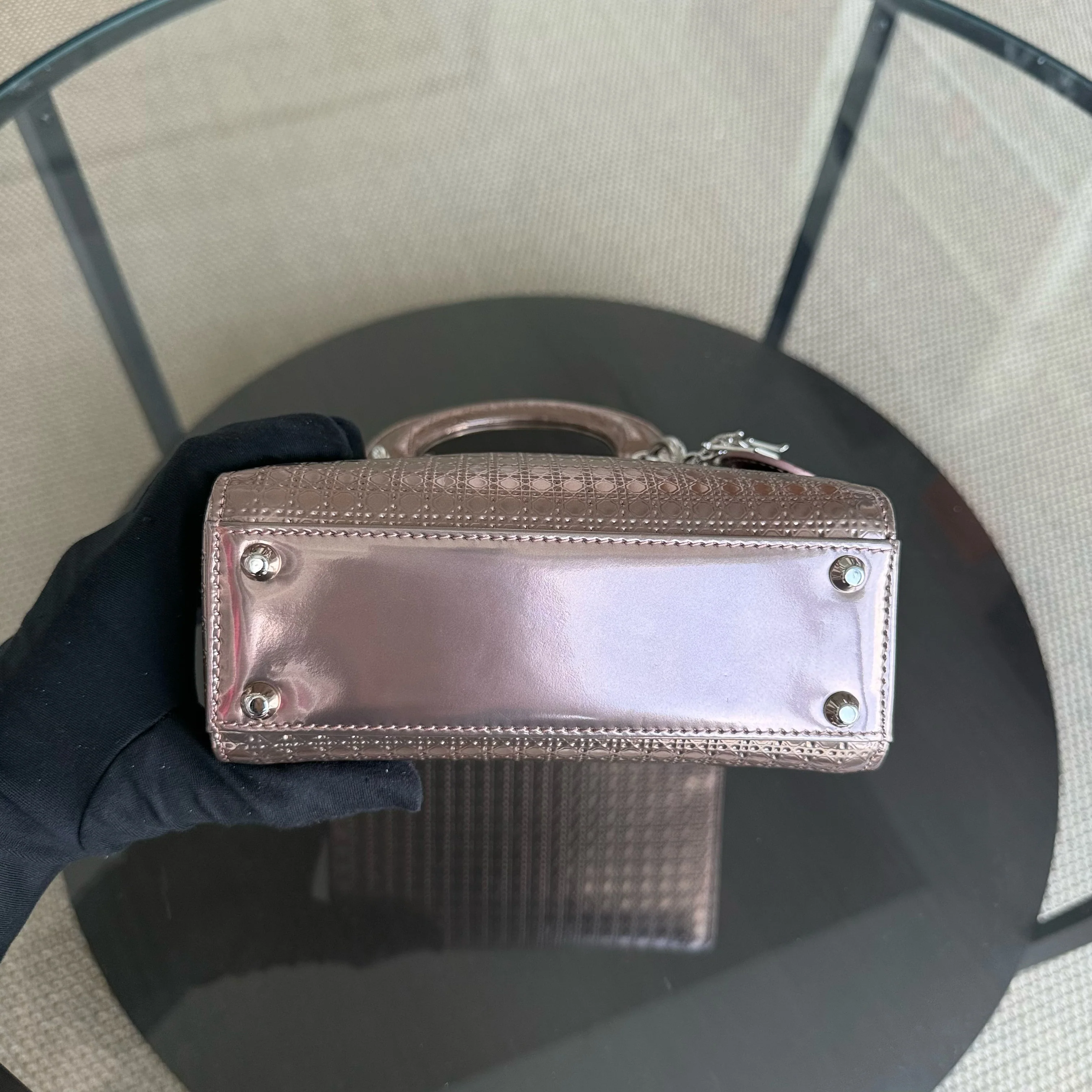 Dior Lady Mini - Calfskin Micro-Cannage Metallic Rose Gold Silver Hardware Chain Strap